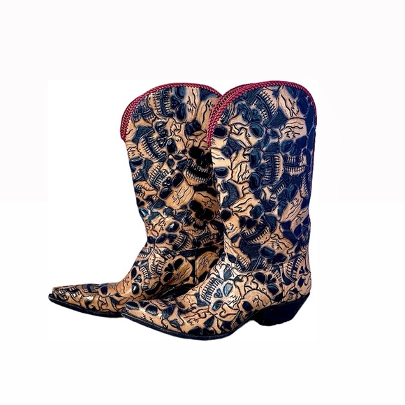 RARE hand carved skull rock ‘n’ roll western cowboy boots LIKE NEW - Picture 1 of 7